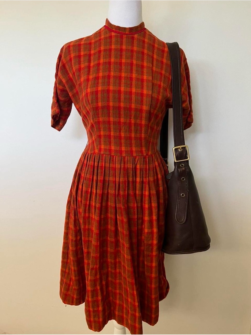 Vintage Red and Orange Plaid Midi Dress